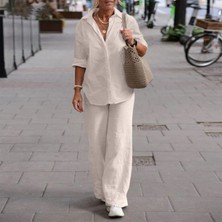 Keten  Rahat ve Günlük Ekru Ikili Takım Alt Üst