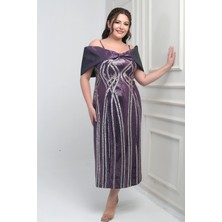 Kadın Ince Askılı Saten Fiyonk Kayık Yaka Pul Işlemeli Astarlı Büyük Beden Midi Elbise