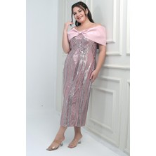 Kadın Ince Askılı Saten Fiyonk Kayık Yaka Pul Işlemeli Astarlı Büyük Beden Midi Elbise