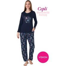 Kadın Bisiklet Yaka Düğmesiz Dökümlü Viskon Mevsimlik Uzun Kol Cepli Pijama Takımı