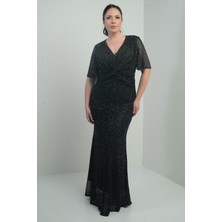 Kadın V Yaka Astarlı Önü Düğüm Detaylı Boru Boncuk Işlemeli Büyük Beden Uzun Elbise