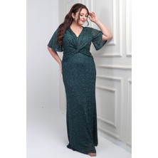 Kadın V Yaka Astarlı Önü Düğüm Detaylı Boru Boncuk Işlemeli Büyük Beden Uzun Elbise