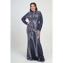 Kadın Dik Yaka Pul Işlemeli Astarlı Büyük Beden Uzun Elbise