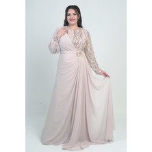 Kadın Üstü Pul-Boncuk Işlemeli Astarlı Beli Çiçekli Büyük Beden Uzun Şifon Elbise