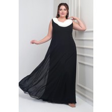 Kadın Degaje Yaka Arkası Taş Detaylı Volanlı Astarlı Büyük Beden Uzun Şifon Elbise