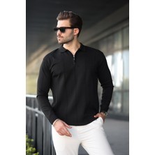 Siyah Polo Yaka Fermuarlı Erkek Kazak E7427