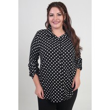 Kadın Kol Katlamalı Puantiyeli Büyük Beden Gömlek