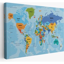  Türkçe Dünya Haritası Ülke Başkentli ve Okyanuslu Dekoratif Kanvas Tablo 2260