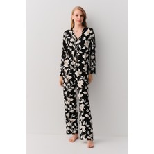 Suwen Gömlek Yaka Pijama Takımı Kadın Siyah Desenli Örme Kumaş 2XL Rahat Kullanım