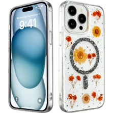Newface Apple iPhone 14 Pro Bloom Daisy MagSafe Kılıf – Elegant Papatya Desenli, Işıltılı Premium Kapak - Siyah