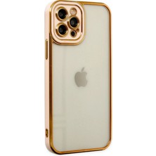Newface Apple iPhone 12 Pro Elegant Liva Lens Kapak – (Şeffaf Gövde, Altın Çerçeveli Kamera Koruma) - Rose