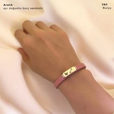 Altın Plakalı 14 Ayar Aralık Ayı Doğumlarına Koyu Pembe Derili Kelebek Motifli Hediye BILEKLIK-654AY