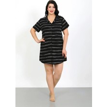 Büyük Beden Penye Düğmeli Siyah Tunik Gecelik