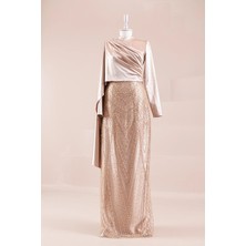 Saten ve Taşlı Pelerinli Tesettür Abiye