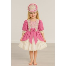 Kokoş Bebe Pembe Dantelli Fiyonk Detaylı Kız Çocuk Elbise & Tokalı Takım