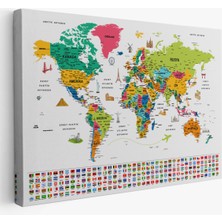  Türkçe Dünya Haritası Eğitici-Öğretici Sembollü Bayraklı Dekoratif Kanvas Tablo 2870