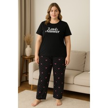 Büyük Beden Pijama Takımı Siyah Baskılı Love-Ans