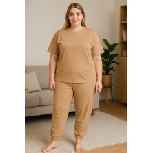 Kadın Büyük Beden Pijama Takımı Kısa Kollu Bej Rengi