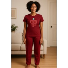 Kadın Kısa Kollu Pijama Takımı Bordo Baskılı