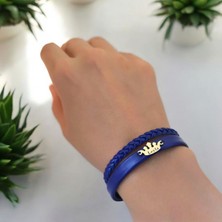 14 Ayar Altın Plakalı Leyla Ismine Özel Doğal Lacivert Derili Taç Figürlü Hediye BILEKLIK-649ISIM