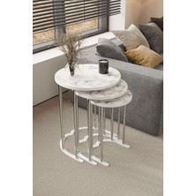 3' Lü Zigon Sehpa Gümüş Ayak Beyaz Mermer Desen 18 mm Mdf