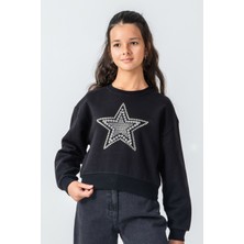 Kız Çocuk Taş Detaylı Yıldız Baskılı Sweatshirt