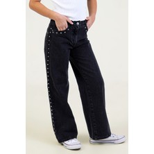 Yıldız Detaylı Kız Çocuk Geniş Paça Kot Pantolon Cepli Wide Leg Jean