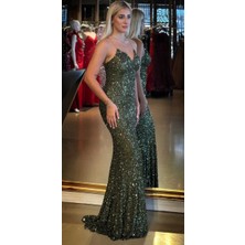 Olive Ip Askılı V Yaka Sırt Dekolteli  Balık Etekli Pul Payet Uzun Abiye Elbise 7714