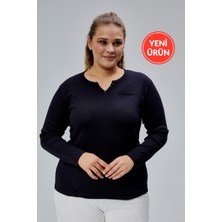 Curve Büyük Beden %100 Pamuklu Likralı Bisiklet Yaka Basic Düz Uzun Kol Siyah Bluz