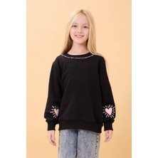 Kız Çocuk Baskılı Bisiklet Yaka Mevsimlik Sweatshirt Siyah