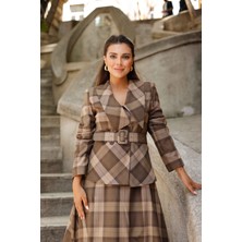 Kemer Detay Ekose Poliviskon Etekli Takım Açık Kahve