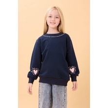 Perendi Kız Çocuk Baskılı Lacivert Sweatshirt Bisiklet Yaka Orta Kalınlık ile Eğlenceli Stil