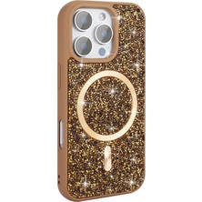 Mobicas Apple iPhone 16 Uyumlu Magsafe Özellikli Taş Kabartmalı Lime Kapak Gold