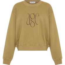 Yağ Yeşili Baskı Detaylı Bisiklet Yaka Oversize Sweatshirt
