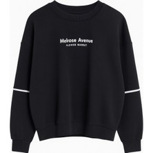 Siyah Bisiklet Yakalı Baskılı Oversize Sweatshirt