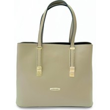 Kadın 4 Bölmeli Gold Aksesuarlı Sade Şık Omuz ve El Çantası Vizon