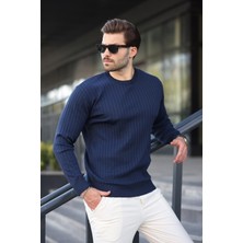 Lacivert Bisiklet Yaka Çizgili Uzun Kollu  Kazak E7273