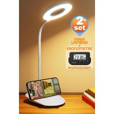 2li Set Şarjlı Masa Lambası + Kronometreli Öğrenci Saati Renk Ayarlı Ders Çalışma Okuma Lambası Q3
