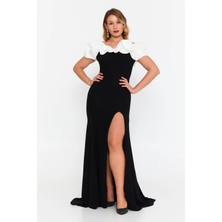 Şeref Vural Kadın Büyük Beden Derin Yırtmaçlı Balık Form Maxi Abiye Elbise 8319 Siyah-Beyaz