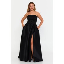 Şeref Vural Kadın Büyük Beden Straplez Çift Cepli A Kesim Maxi Abiye Elbise 8337 Siyah