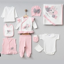 Organik Kız Bebek 0-3 Ay Kalpli Tavşan Nakışlı 10 Lu Hastane Çıkış Zıbın Seti