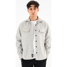 Souris Erkek Açık Gri Oversize Gömlek Ceket Kapaklı Çift Cepli Çıtçıtlı