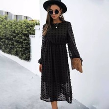 Kadın Uzun Kollu Astar Detay Fırsat Ürün Ponpon Şifon Elbise