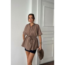 Bel Büzgü Detaylı Poplin Gömlek - Kahverengi