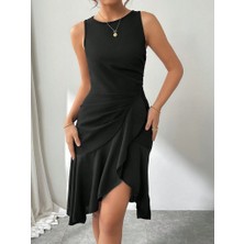 Kadın Askılı Bisiklet Yaka Önden Fırfırlı Kısa Ithal Krep Elbise