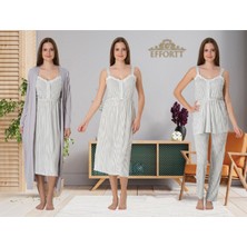 Dvina Effortt Çizgili Lohusa 4'lü Set - Sabahlık/pijama Takımı/gecelik Gri - 4096