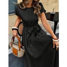 Kadın Kısa Kollu Kayık Yaka Beli Kuşaklı Aerobin Elbise