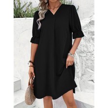 Kadın Kısa Kollu V Yakalı Salaş Janjan Krep Elbise