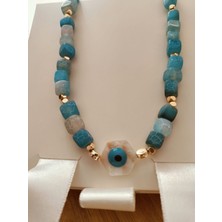 Mavi Doğal Akik Taşlı Kolye