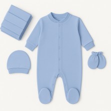 %100 Pamuk 0-9 Ay Erkek Uzun Kollu Şapka ve Eldivenli Bebek Tulum